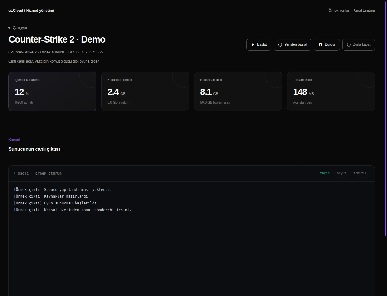 Game Servers — Counter-Strike 2. Actual panel design · Sample data · Available features depend on your plan.