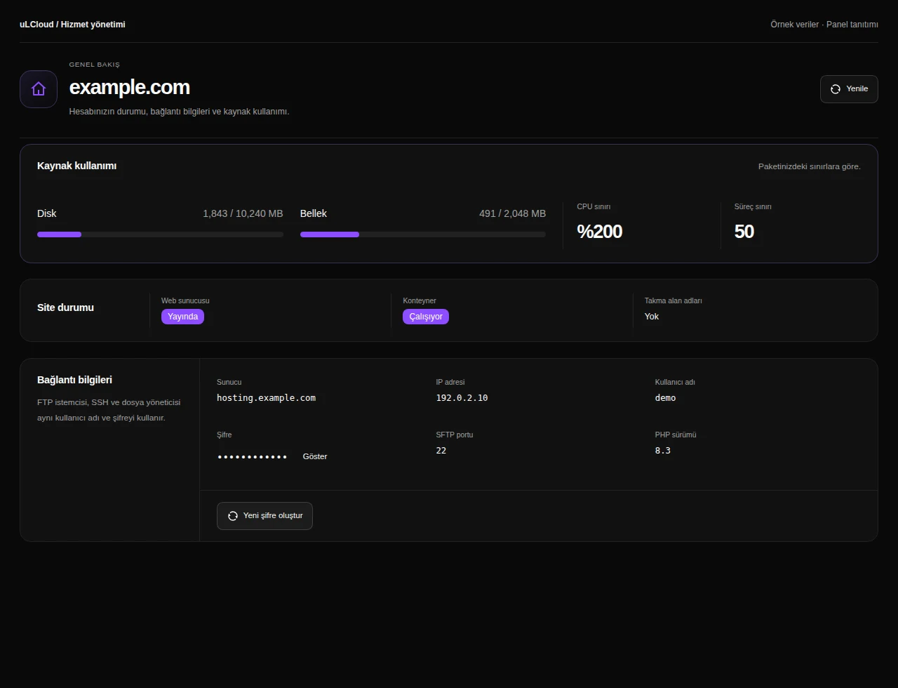 WordPress Hosting — Hosting management. Actual panel design · Sample data · Available features depend on your plan.