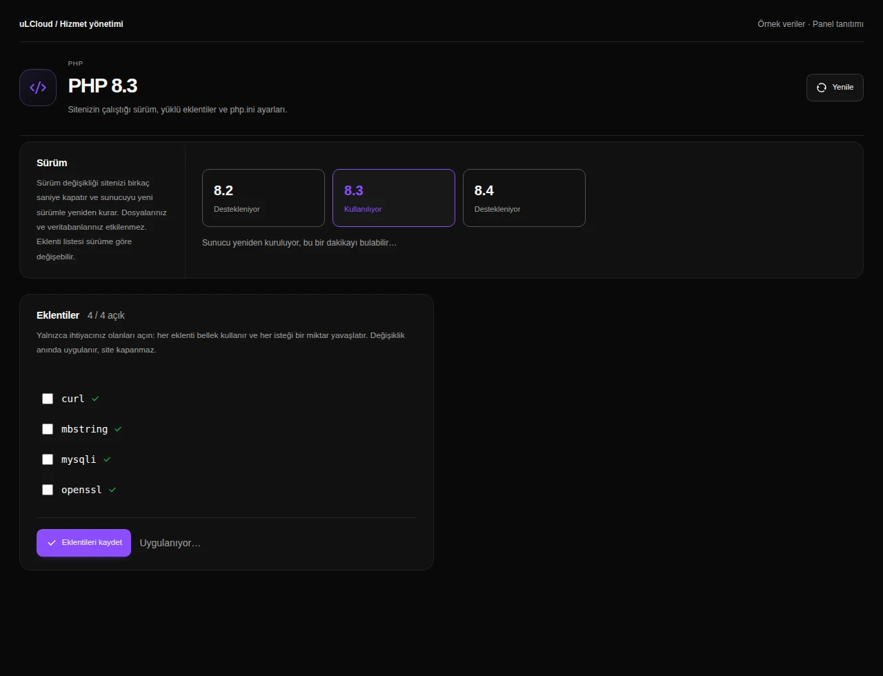 WordPress Hosting — PHP management. Actual panel design · Sample data · Available features depend on your plan.