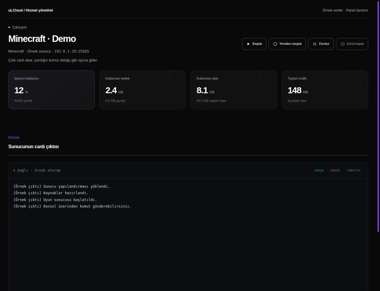 Game Servers — Minecraft. Actual panel design · Sample data · Available features depend on your plan.