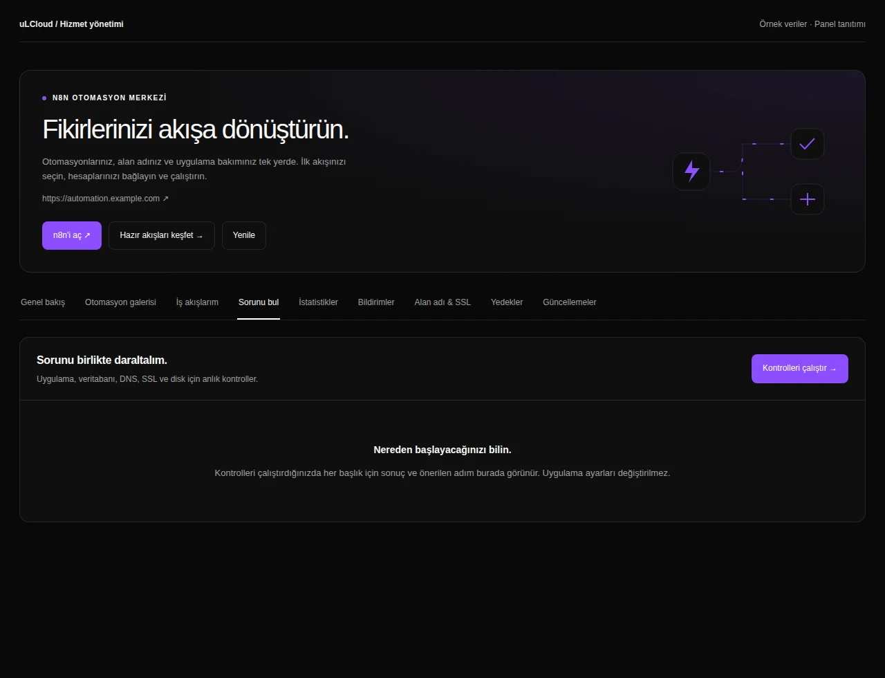 n8n Hosting — Diagnostics. Actual panel design · Sample data · Available features depend on your plan.