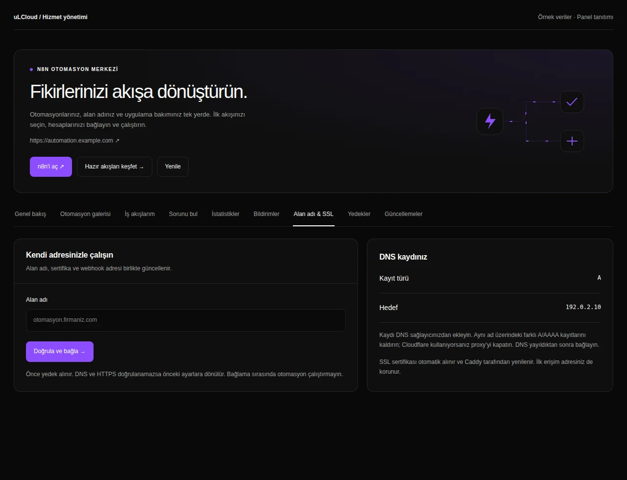 n8n Hosting — Domain and SSL. Actual panel design · Sample data · Available features depend on your plan.