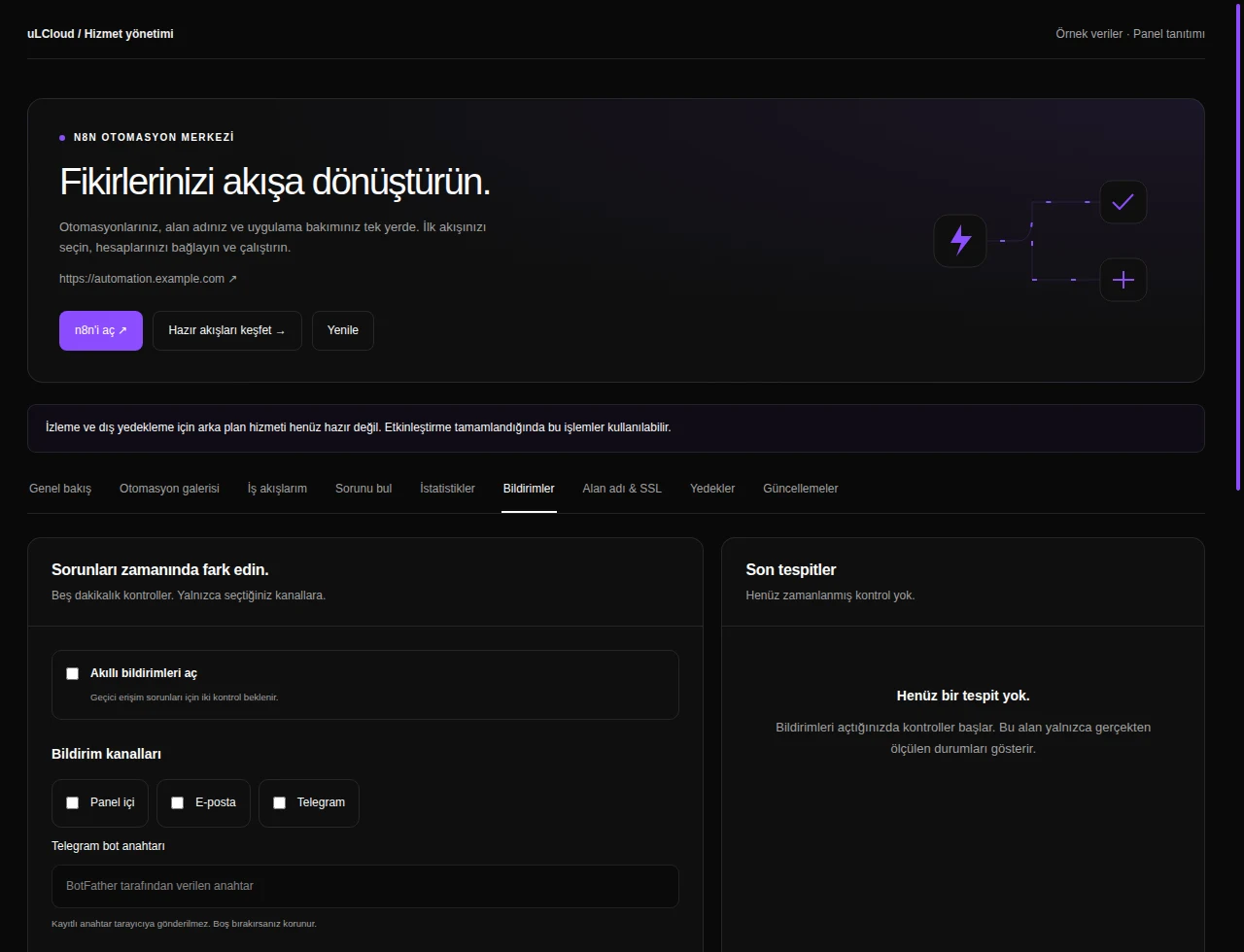 n8n Hosting — Automation notifications. Actual panel design · Sample data · Available features depend on your plan.