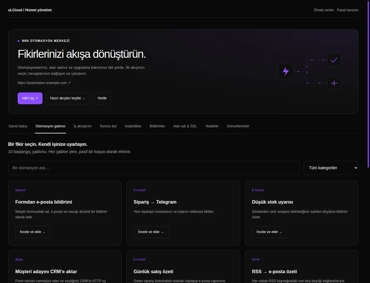 n8n Hosting — Automation gallery. Actual panel design · Sample data · Available features depend on your plan.