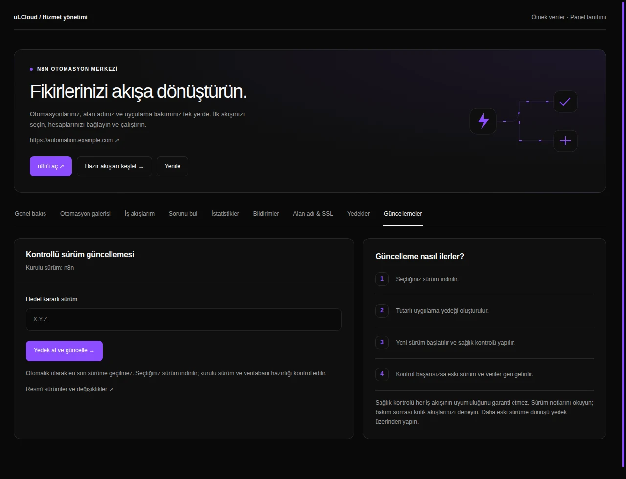 n8n Hosting — n8n updates. Actual panel design · Sample data · Available features depend on your plan.