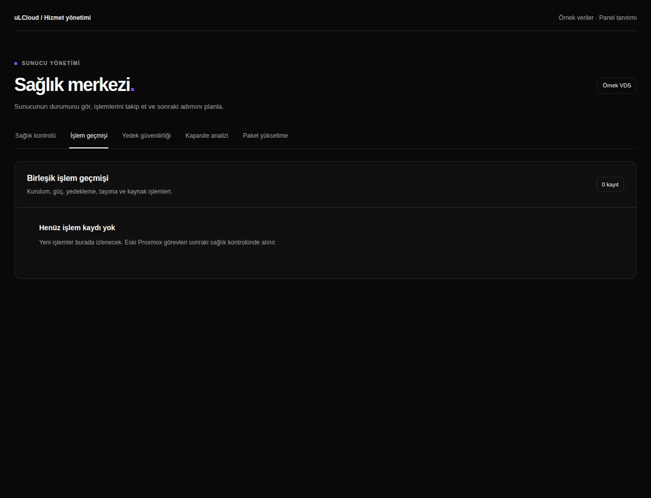 VDS Plans — Activity history. Actual panel design · Sample data · Available features depend on your plan.