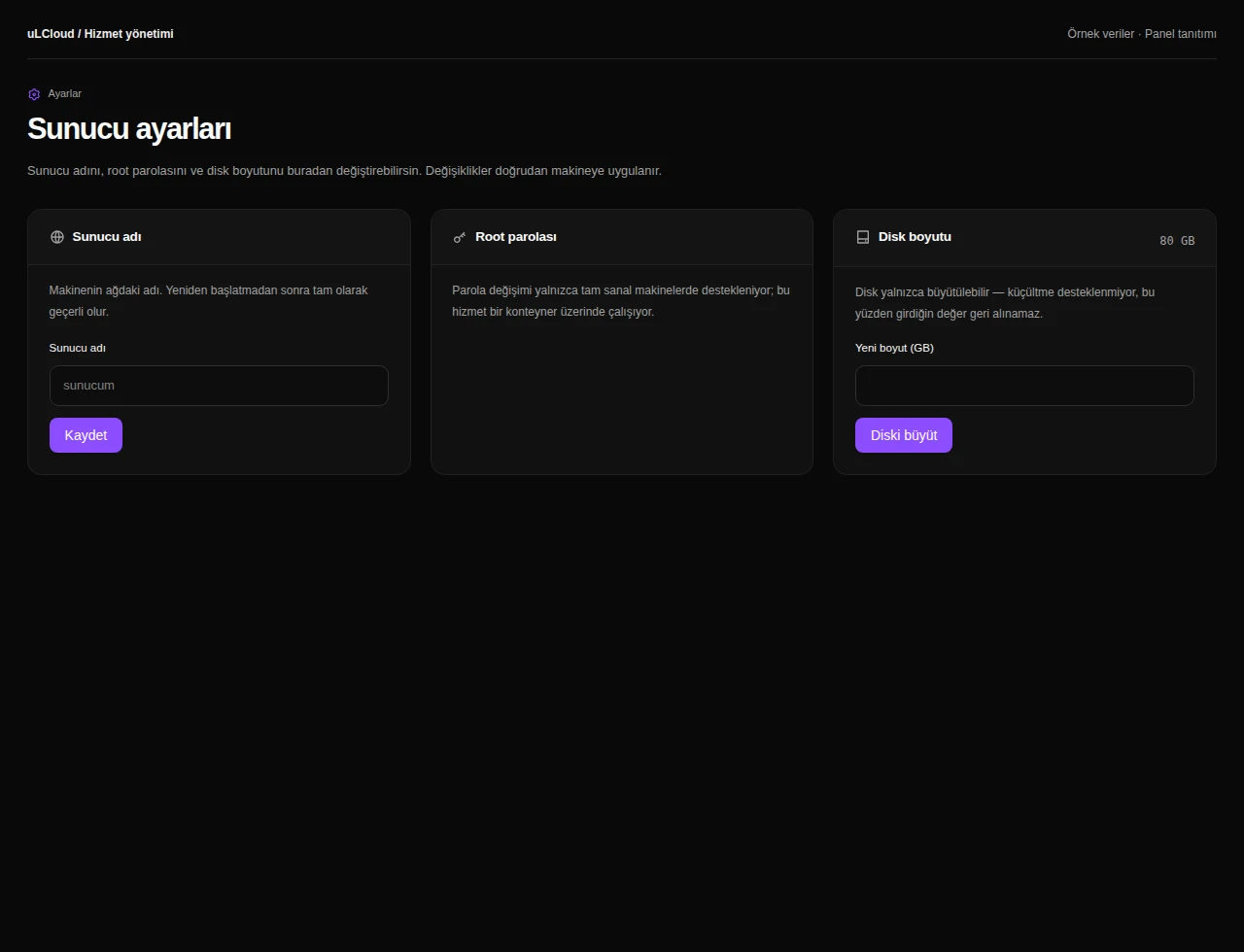 VDS Plans — Server settings. Actual panel design · Sample data · Available features depend on your plan.