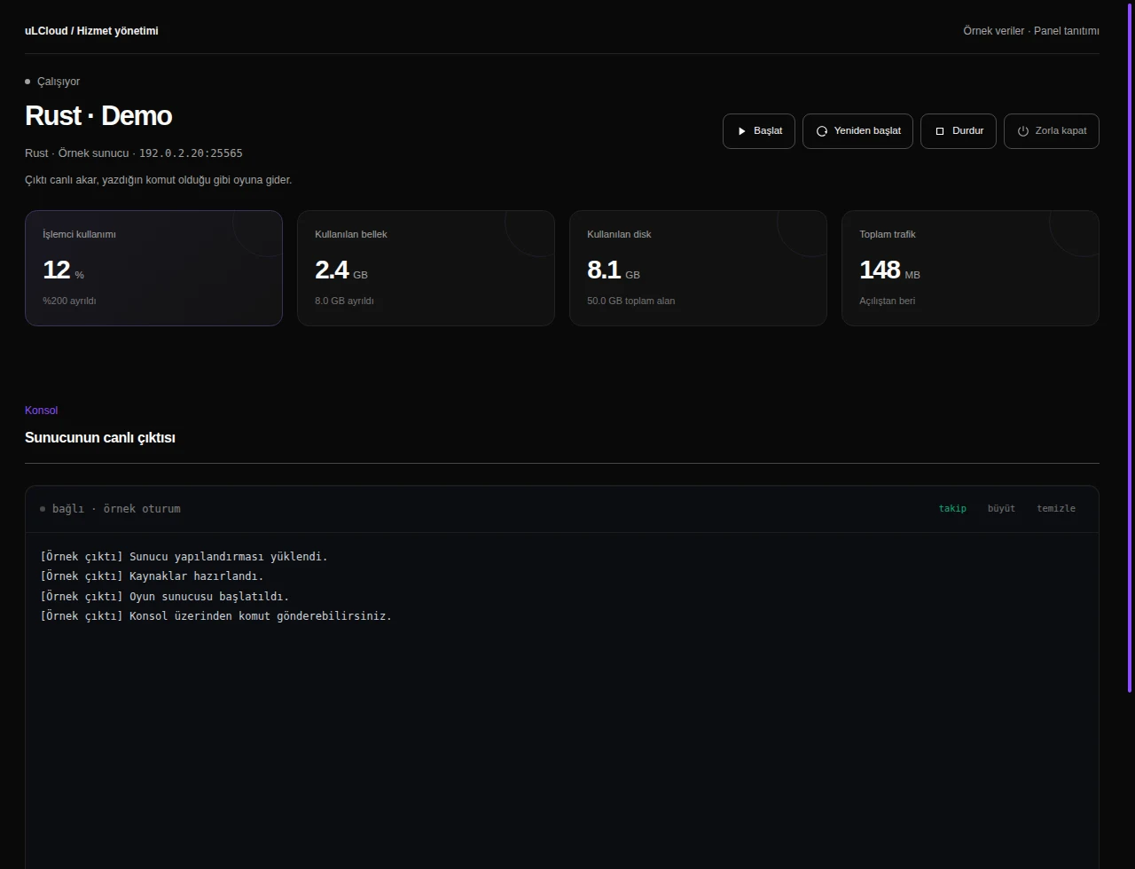 Rust — Console and power. Actual panel design · Sample data · Available features depend on your plan.