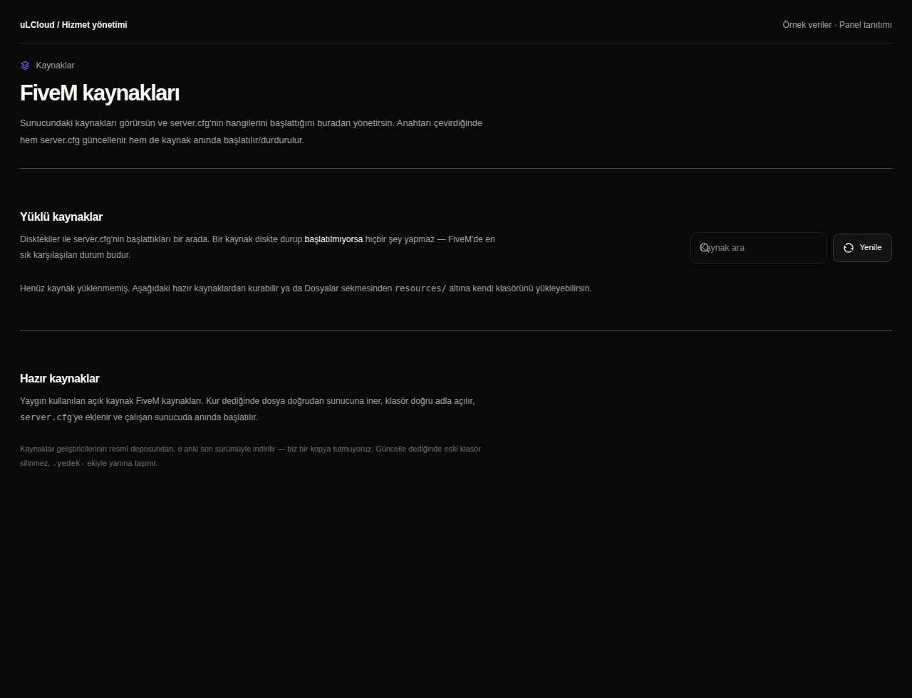 FiveM — FiveM resources. Actual panel design · Sample data · Available features depend on your plan.