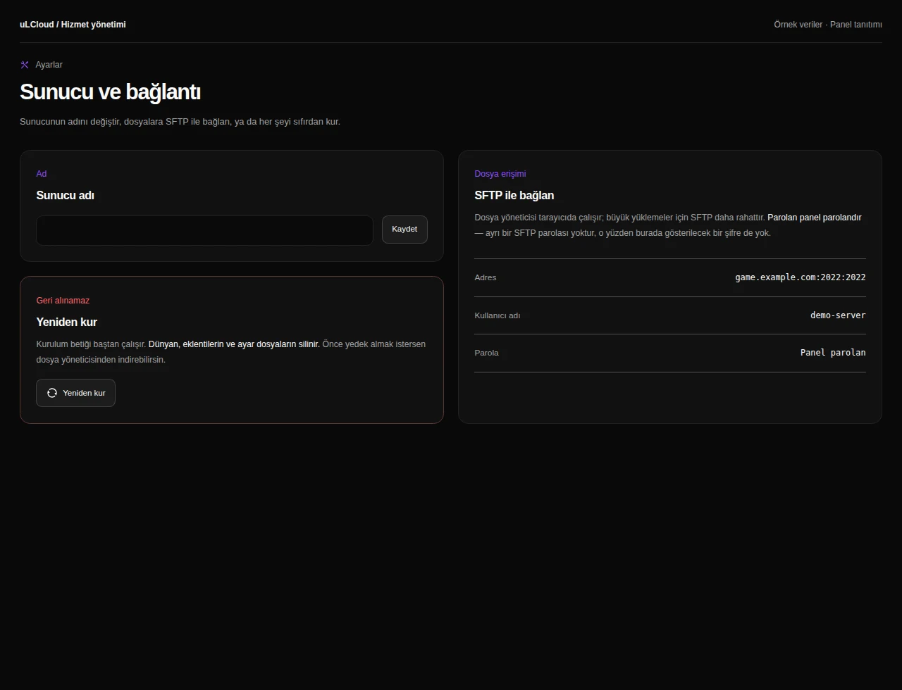 Rust — Game server settings. Actual panel design · Sample data · Available features depend on your plan.