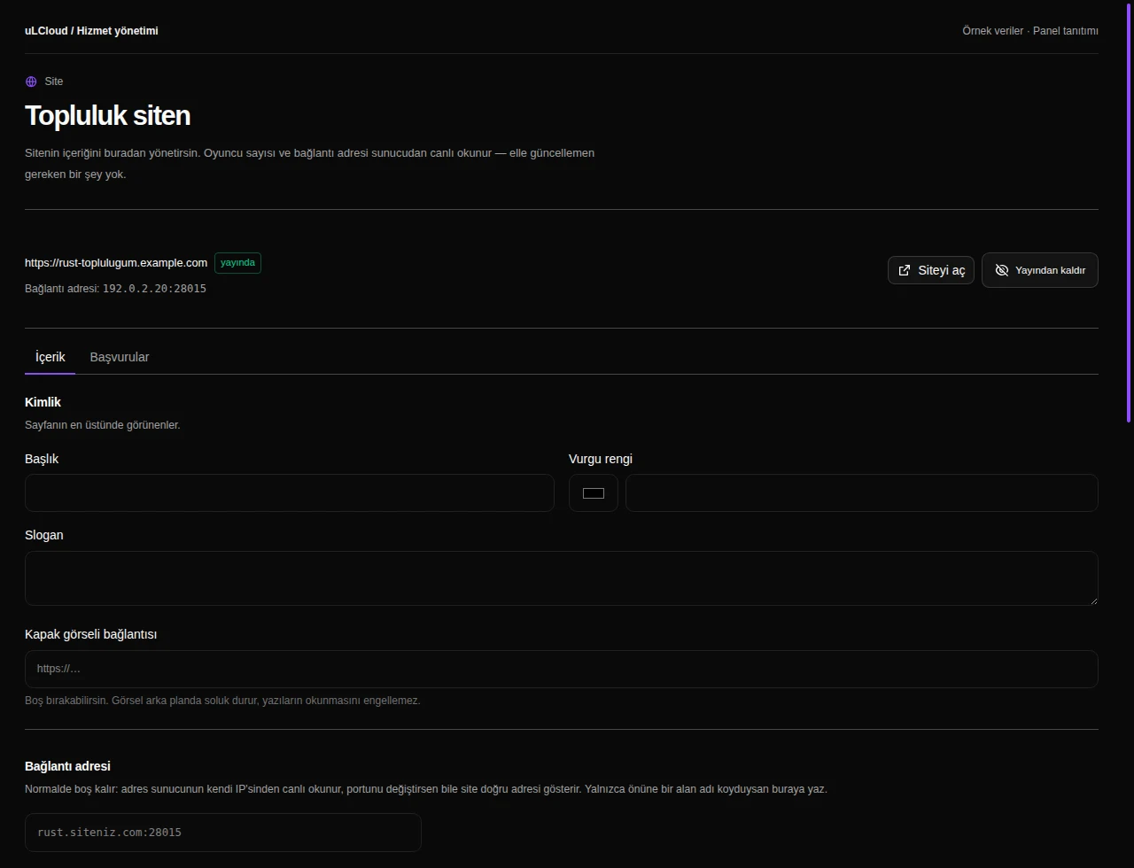 Rust community website editor — actual panel, sample data