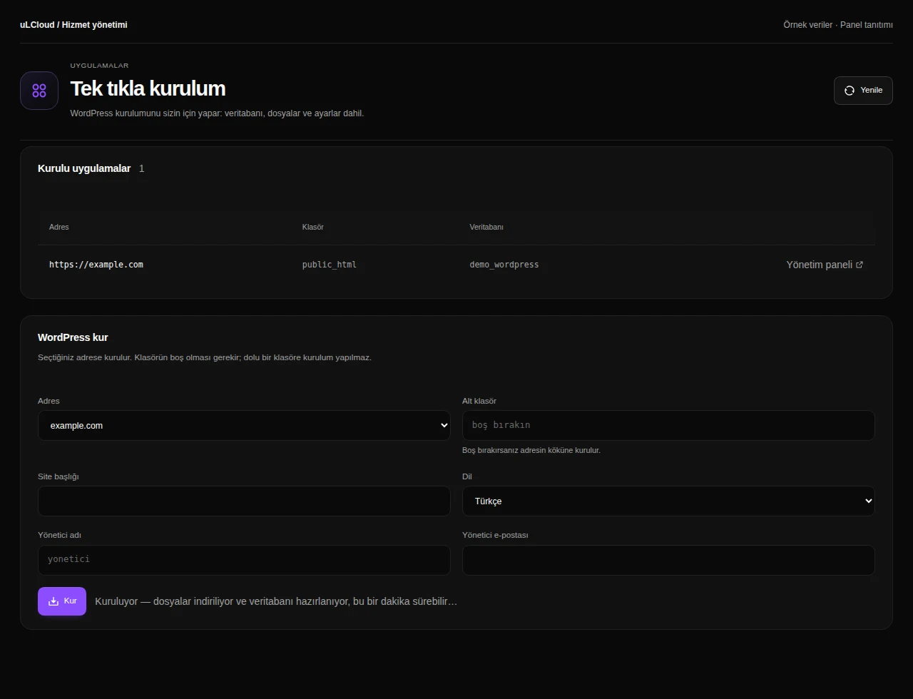WordPress Hosting — WordPress installation. Actual panel design · Sample data · Available features depend on your plan.